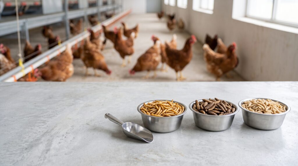 Dried insects for poultry feed
