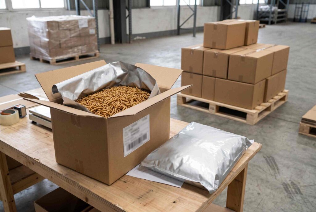 Sealed bulk dried mealworm liner, carton and batch label prepared for shipment