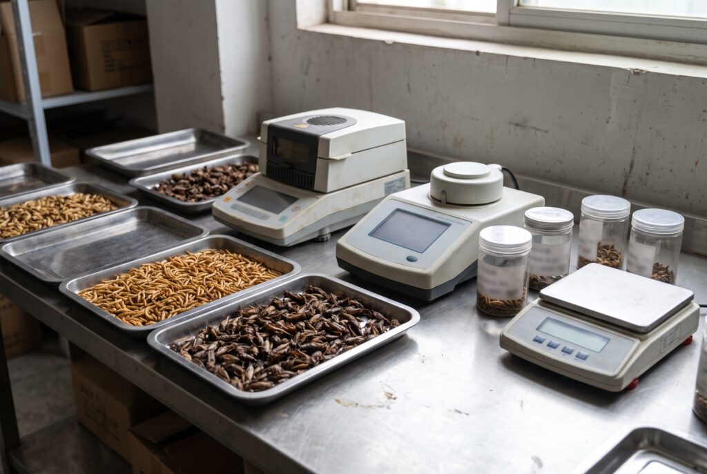 Whole dried insect samples beside moisture and water activity testing instruments