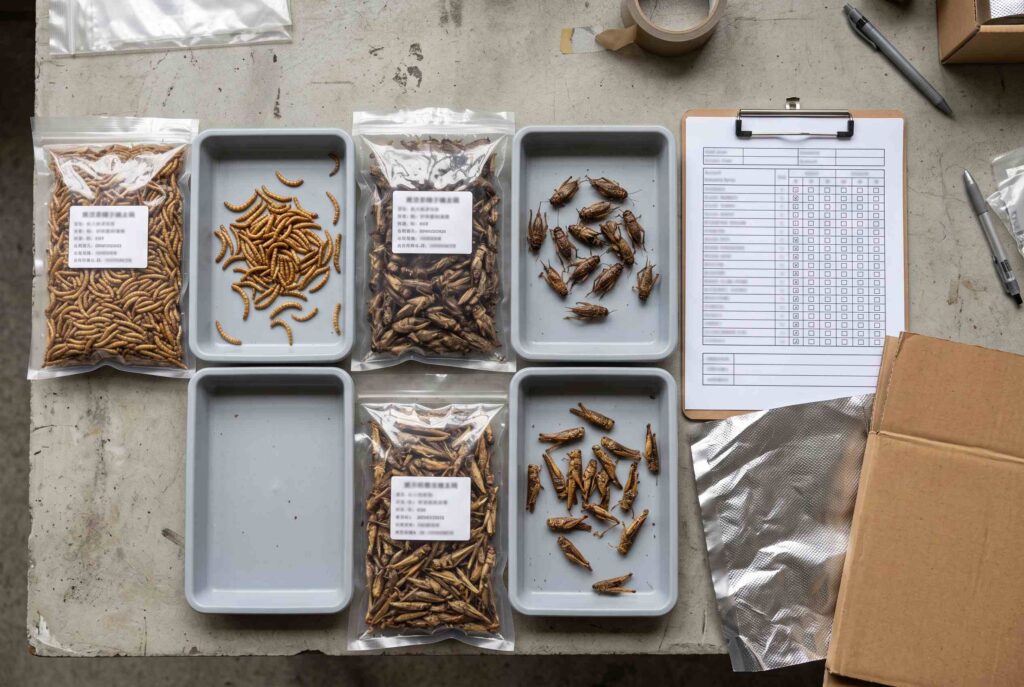 Labelled dried insect samples compared with an inspection scorecard