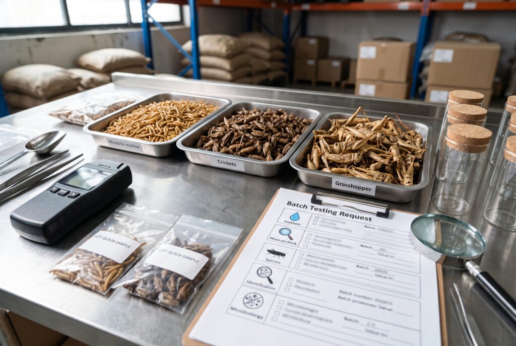 Dried insect samples arranged beside a batch testing checklist