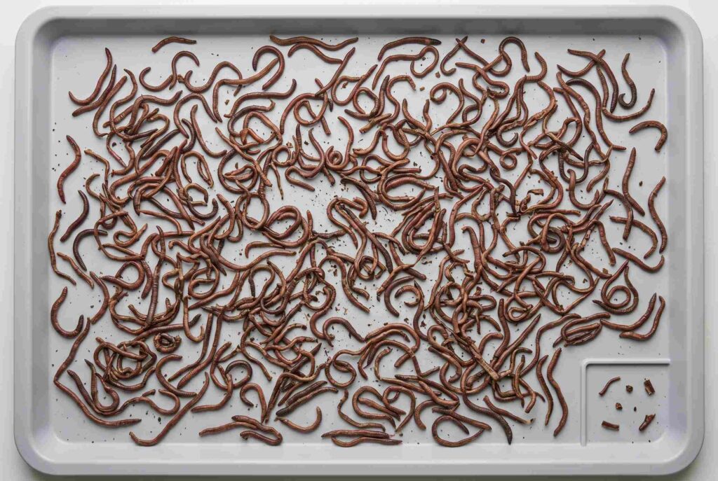 Bulk dried earthworms inspected for soil residue and visible foreign matter