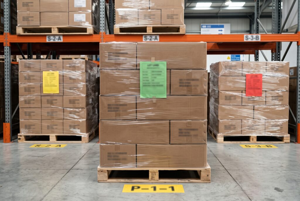 Separate dried insect batches organized by pallet location for stock rotation