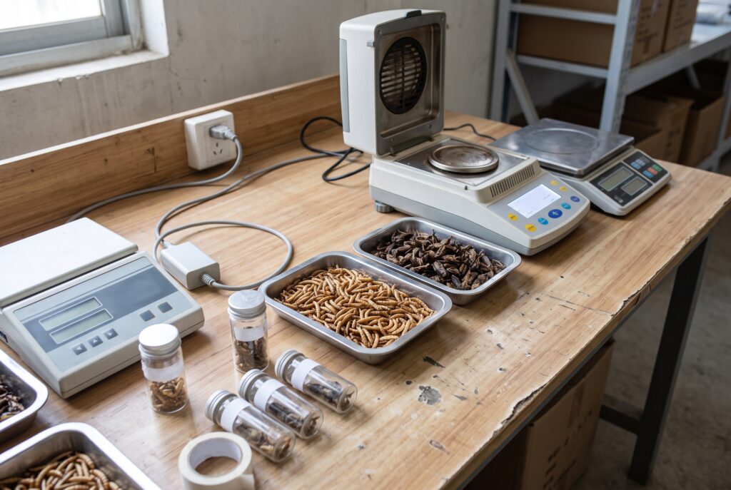 Whole dried insect samples beside moisture and water activity testing instruments