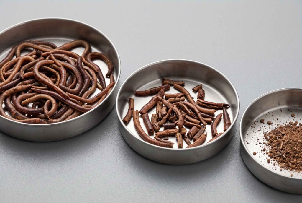 Bulk dried earthworms sample showing whole pieces fragments and fine material for evaluation