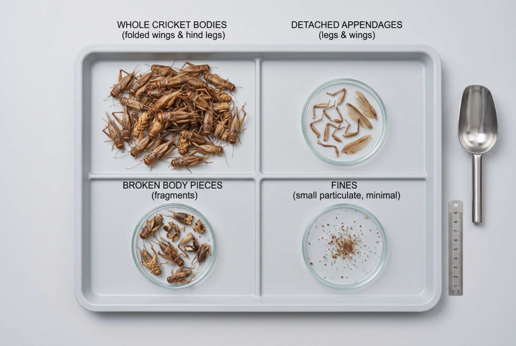 Bulk dried crickets inspected for whole bodies detached legs wings and fragments