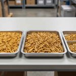 Dried mealworm quality evaluation showing whole golden mealworms and sample trays