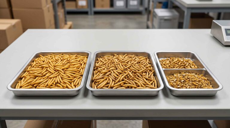Dried mealworm quality evaluation showing whole golden mealworms and sample trays