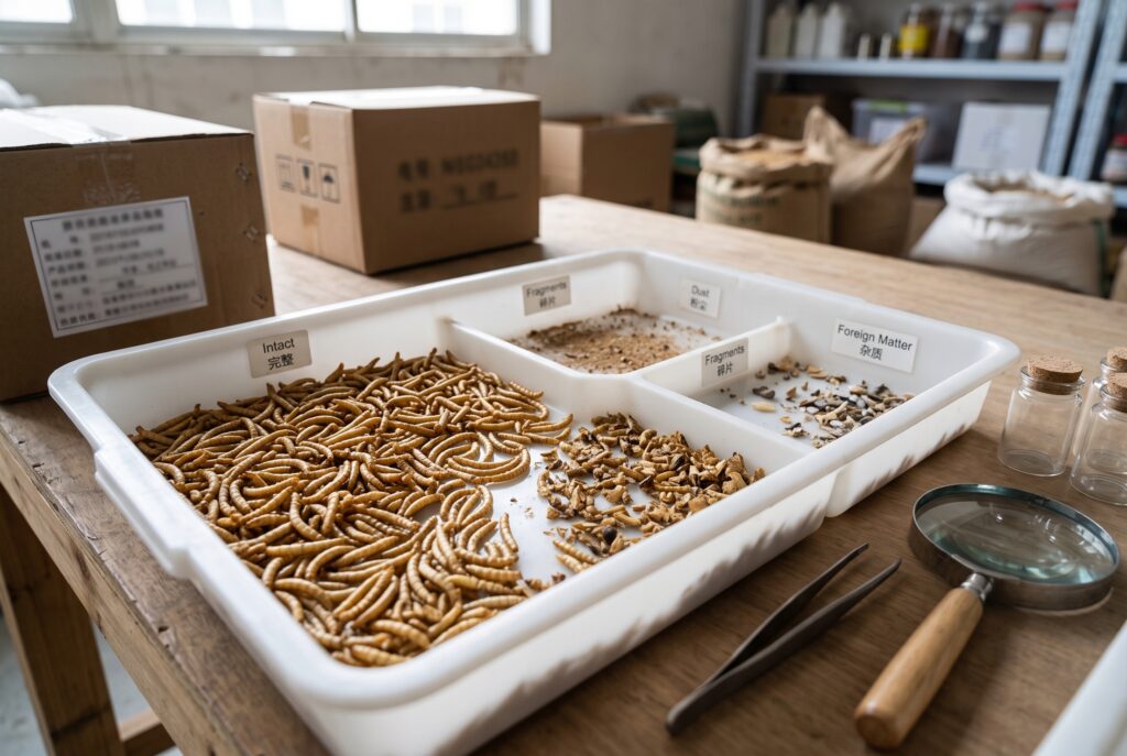 Whole dried insects checked for fragments and visible foreign matter