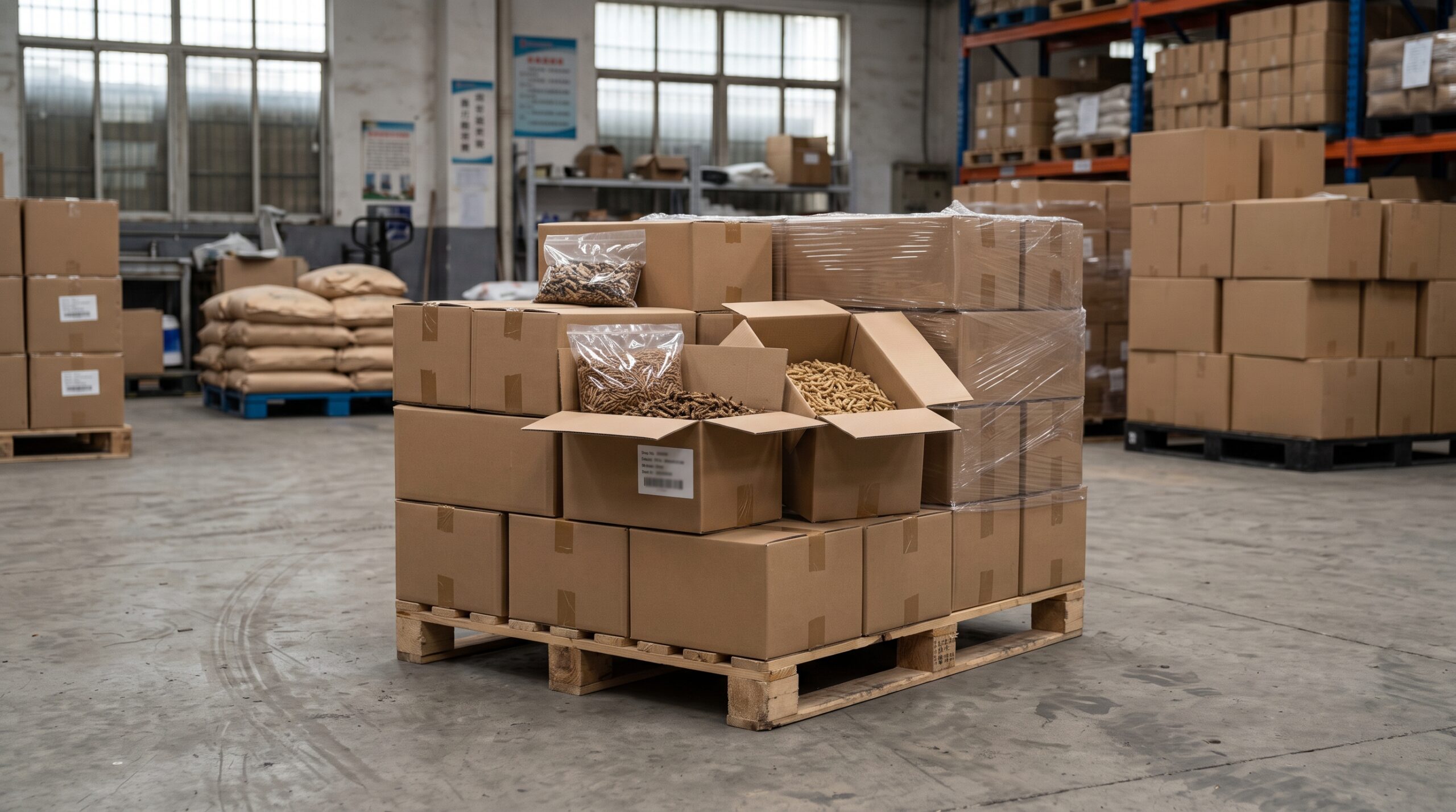 Sealed bags and cartons prepared for a bulk dried insect order