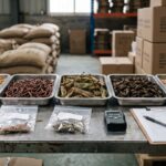 Whole dried insect samples arranged for quality control inspection