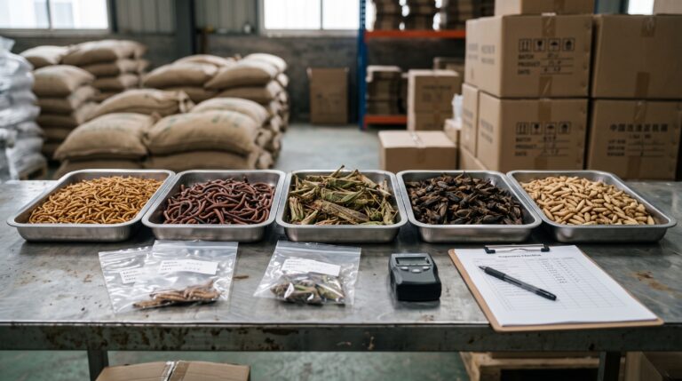 Whole dried insect samples arranged for quality control inspection
