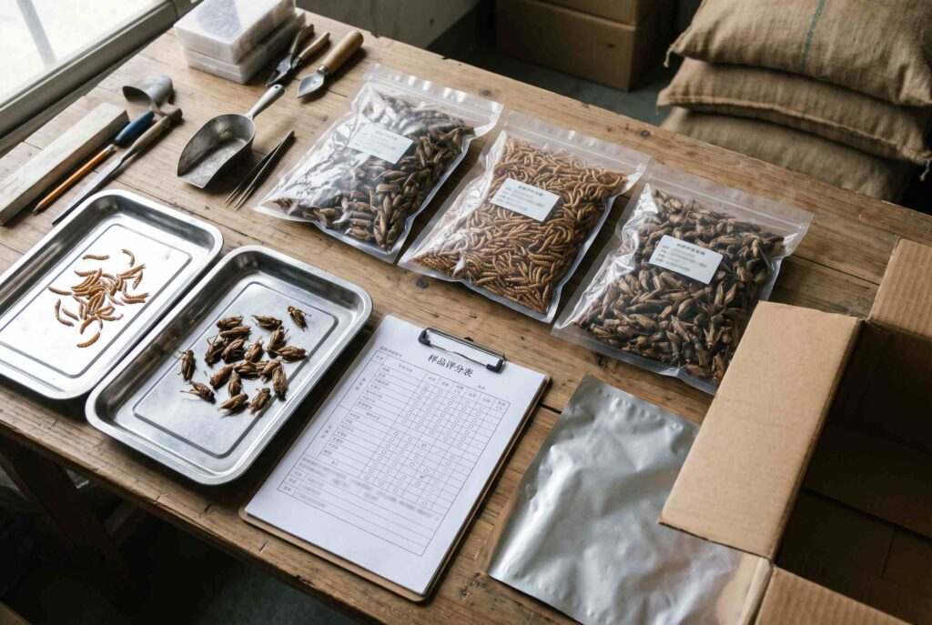 Labelled dried insect samples compared with an inspection scorecard