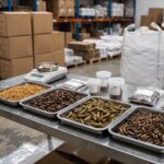 Dried insect samples and moisture testing equipment prepared for B2B quality evaluation