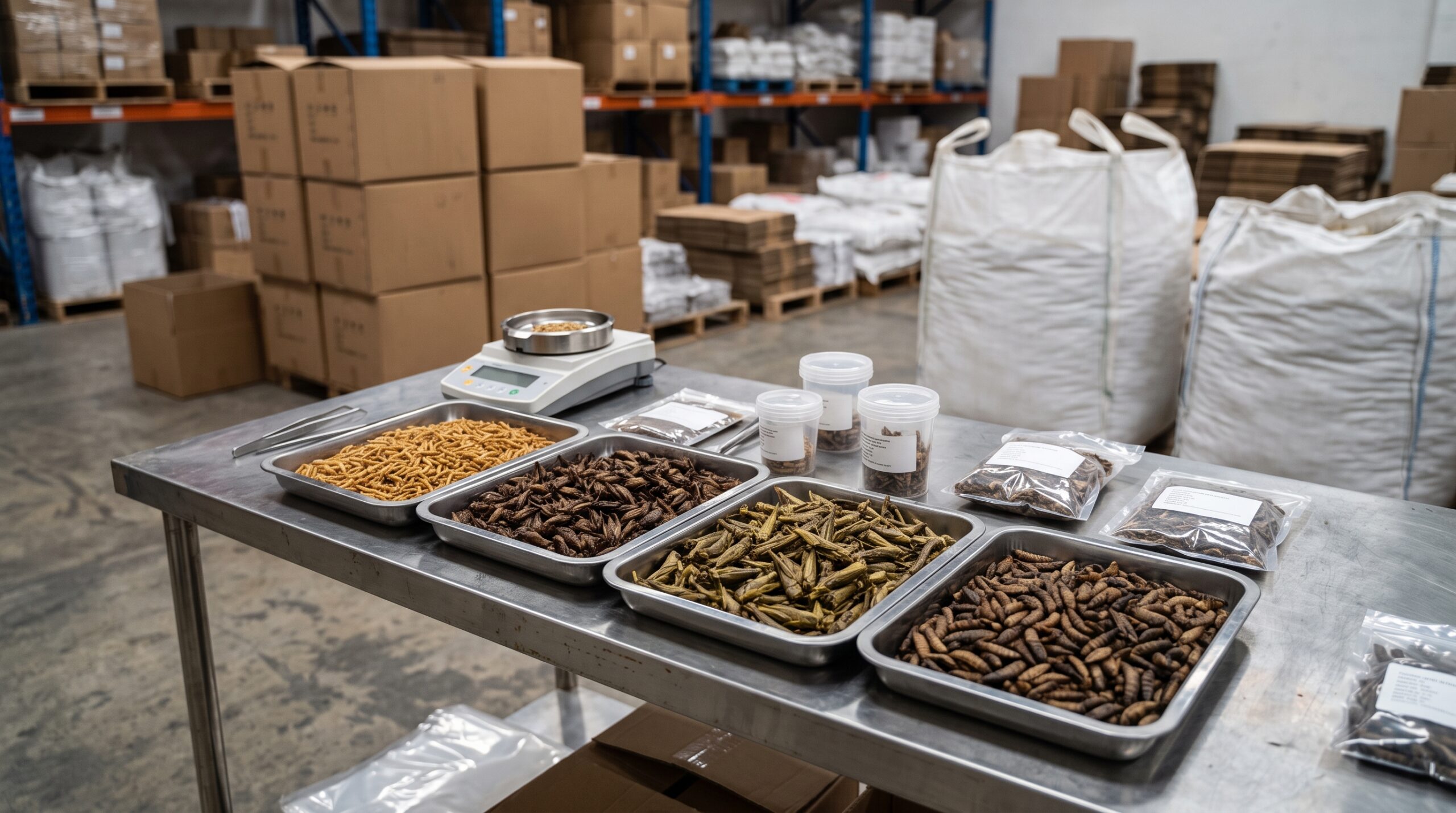 Dried insect samples and moisture testing equipment prepared for B2B quality evaluation