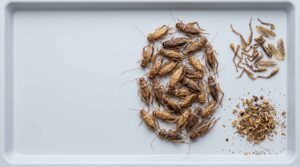 Photorealistic B2B quality-control photograph of whole dried crickets arranged on a clean inspection tray with three visually separated groups showing recognisable whole bodies, detached cricket legs and wings, and small fragments or fines, accurate cricket anatomy with long antennae folded wings and developed hind legs, natural tan golden-brown and medium-brown colour variation, visibly dry matte texture, realistic commercial product appearance matching a genuine dried-cricket reference, clean pale-grey background, composition weighted right with negative space left, no grasshoppers, no locusts, no people, no hands, no documents, no labels, no logos, no text, high detail, 16:9.