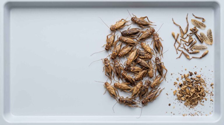 Photorealistic B2B quality-control photograph of whole dried crickets arranged on a clean inspection tray with three visually separated groups showing recognisable whole bodies, detached cricket legs and wings, and small fragments or fines, accurate cricket anatomy with long antennae folded wings and developed hind legs, natural tan golden-brown and medium-brown colour variation, visibly dry matte texture, realistic commercial product appearance matching a genuine dried-cricket reference, clean pale-grey background, composition weighted right with negative space left, no grasshoppers, no locusts, no people, no hands, no documents, no labels, no logos, no text, high detail, 16:9.