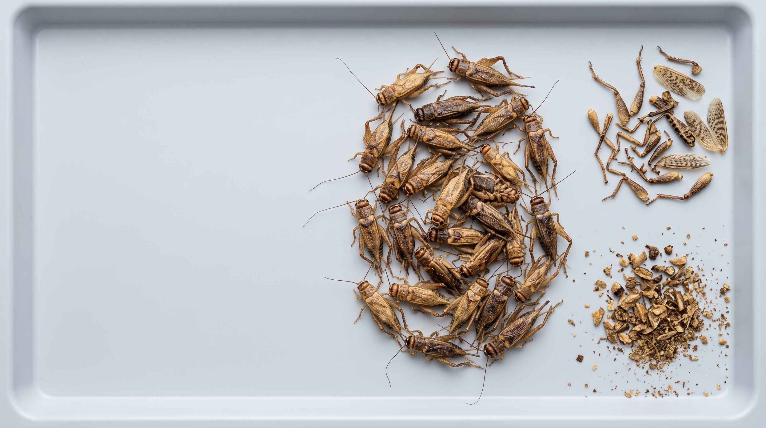 Photorealistic B2B quality-control photograph of whole dried crickets arranged on a clean inspection tray with three visually separated groups showing recognisable whole bodies, detached cricket legs and wings, and small fragments or fines, accurate cricket anatomy with long antennae folded wings and developed hind legs, natural tan golden-brown and medium-brown colour variation, visibly dry matte texture, realistic commercial product appearance matching a genuine dried-cricket reference, clean pale-grey background, composition weighted right with negative space left, no grasshoppers, no locusts, no people, no hands, no documents, no labels, no logos, no text, high detail, 16:9.