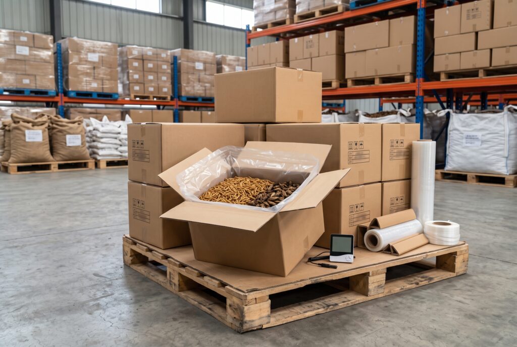 Sealed dried insect bags, cartons and humidity logger in a bulk storage inspection area