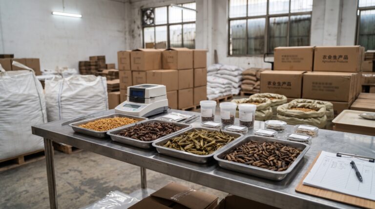 Dried insect samples and moisture testing equipment prepared for B2B quality evaluation