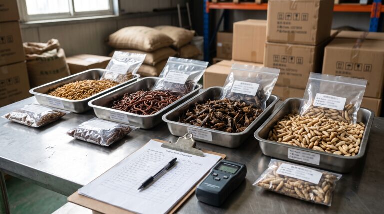 Whole dried insect batch samples prepared for commercial testing