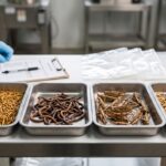 A clean B2B inspection scene showing several whole dried insect samples in labelled trays. Avoid a generic insect-farming image.