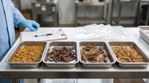 A clean B2B inspection scene showing several whole dried insect samples in labelled trays. Avoid a generic insect-farming image.