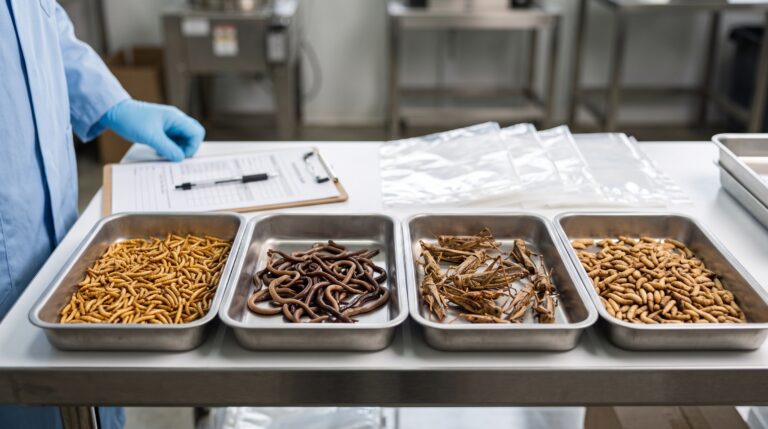A clean B2B inspection scene showing several whole dried insect samples in labelled trays. Avoid a generic insect-farming image.