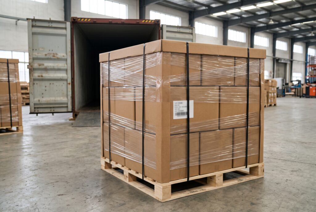 Wrapped pallet of dried insect cartons prepared for container loading