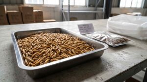 Bulk dried mealworms prepared for B2B product evaluation