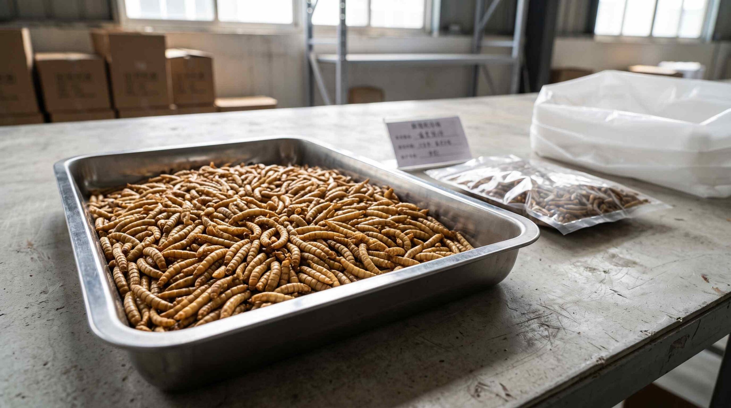 Bulk dried mealworms prepared for B2B product evaluation