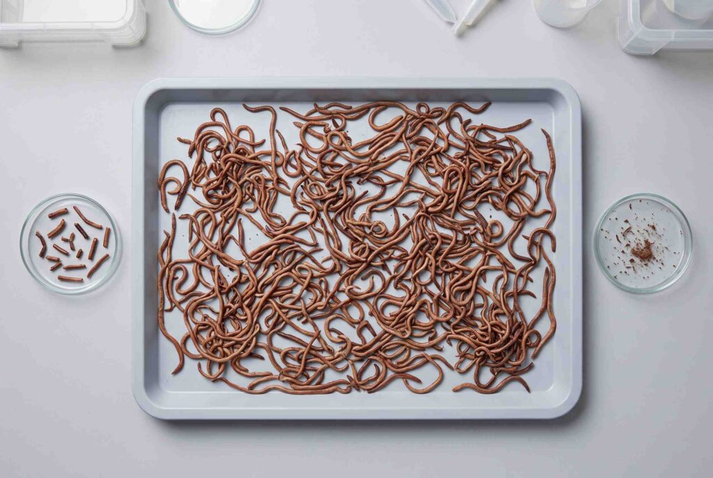 Dried earthworms for aquaculture inspected for cleanliness whole-product condition and residue