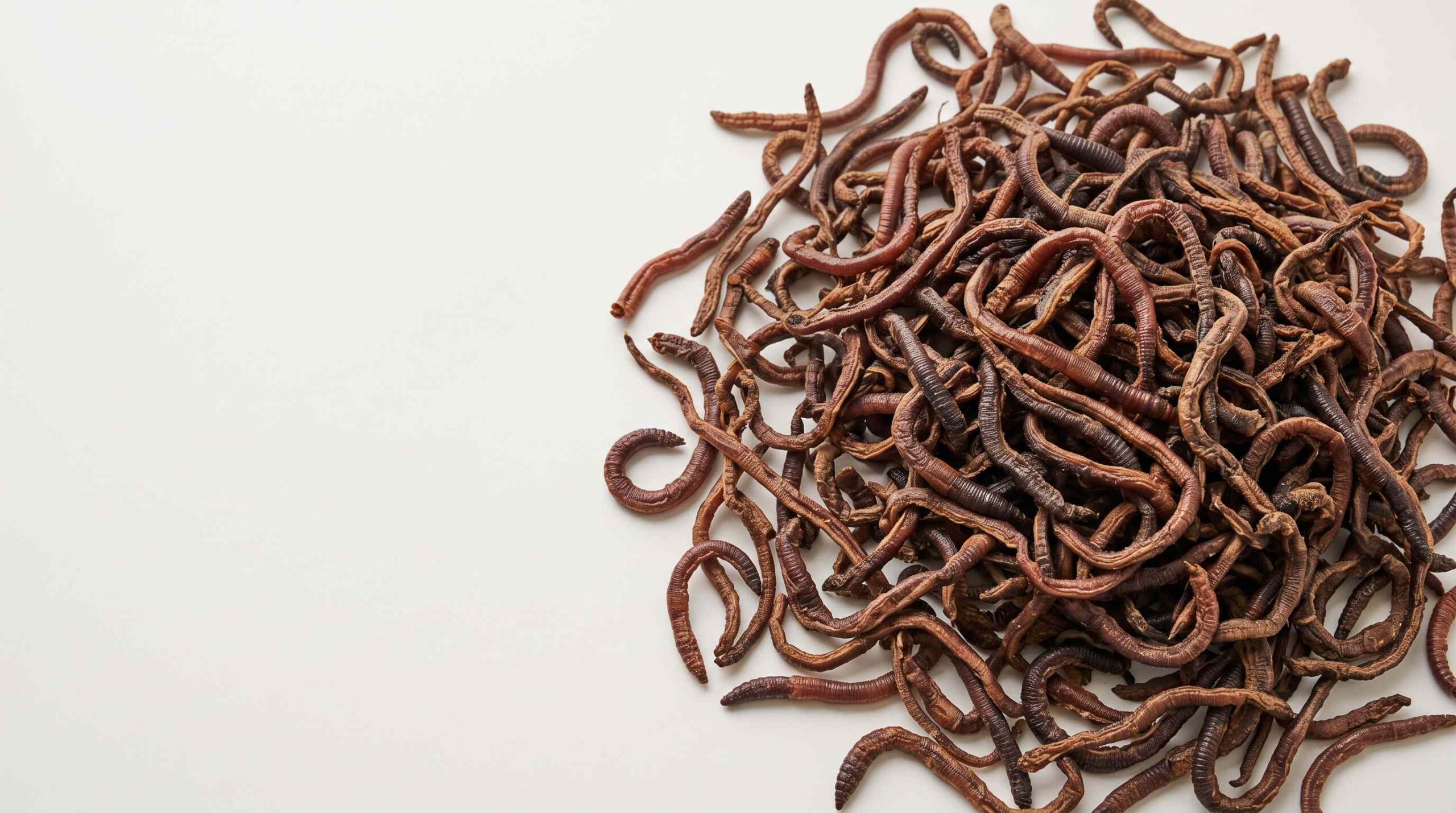 Bulk dried earthworms in a clean commercial product display for B2B buyers