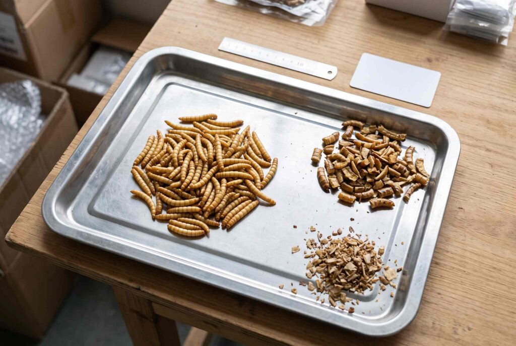 Whole dried mealworms, fragments and fine material separated for inspection