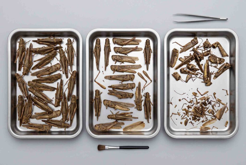 Bulk dried grasshoppers sorted into whole bodies missing appendages and fragments