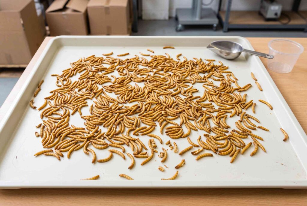 Dried mealworm quality inspection for whole-product colour, size consistency and visible damage