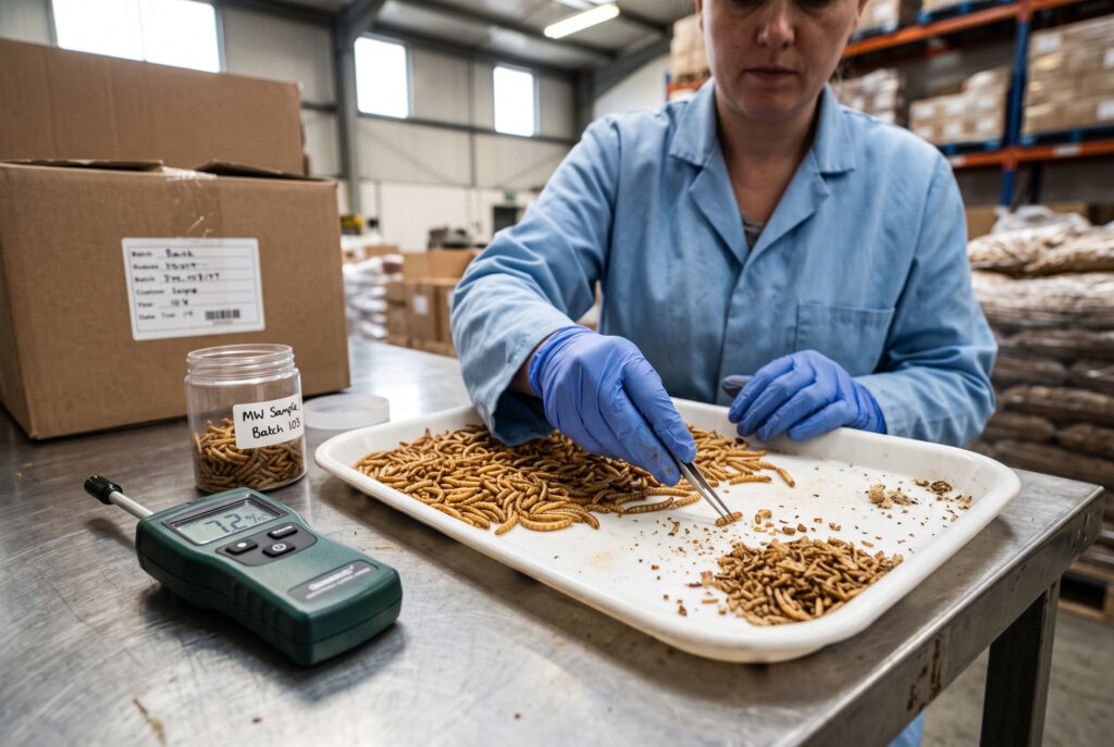 Hands checking whole dried insects on a white inspection surface, with fragments and impurities visibly evaluated.
