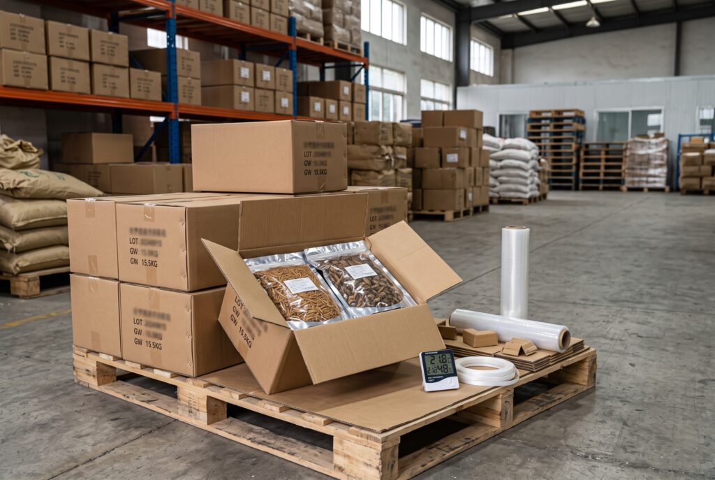 Sealed dried insect bags, cartons and humidity logger in a bulk storage inspection area