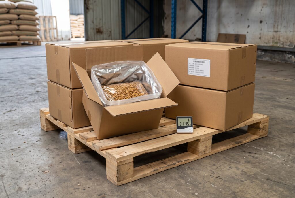 Sealed dried insect cartons beside a warehouse temperature and humidity monitor