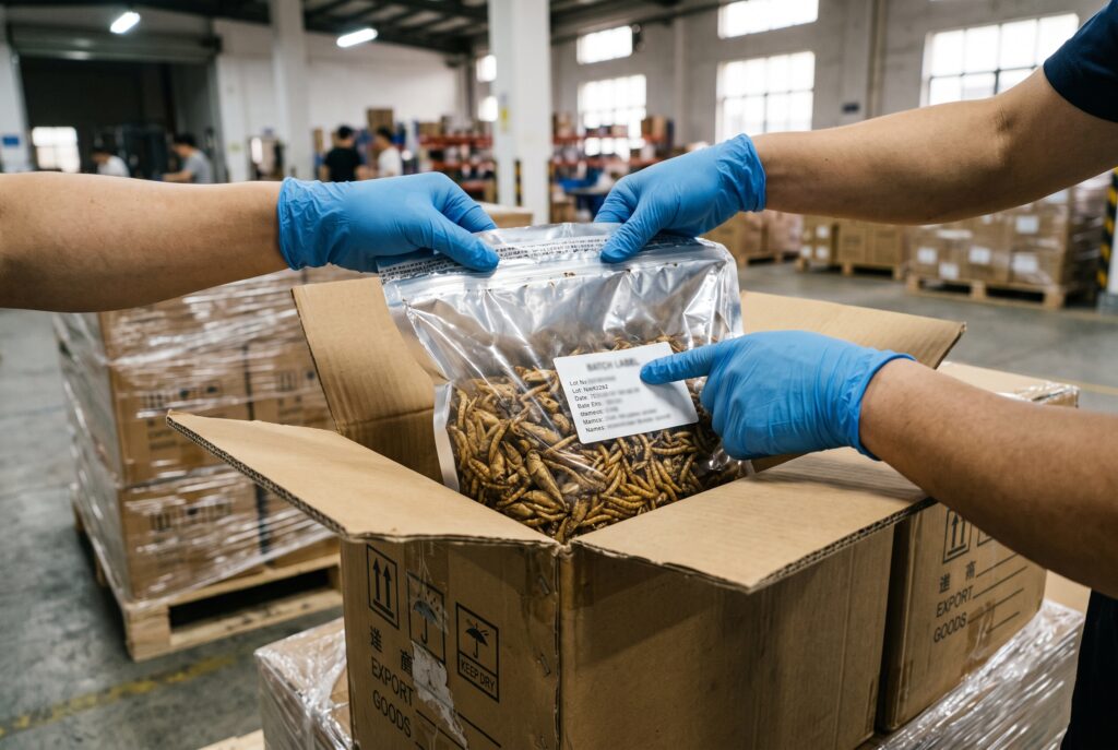 Batch labels and moisture-protected packaging checked before dried insect shipment