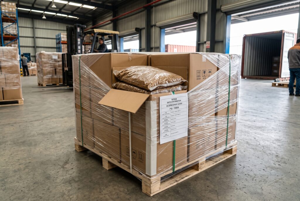 Sealed bulk bags or cartons on a wrapped export pallet.