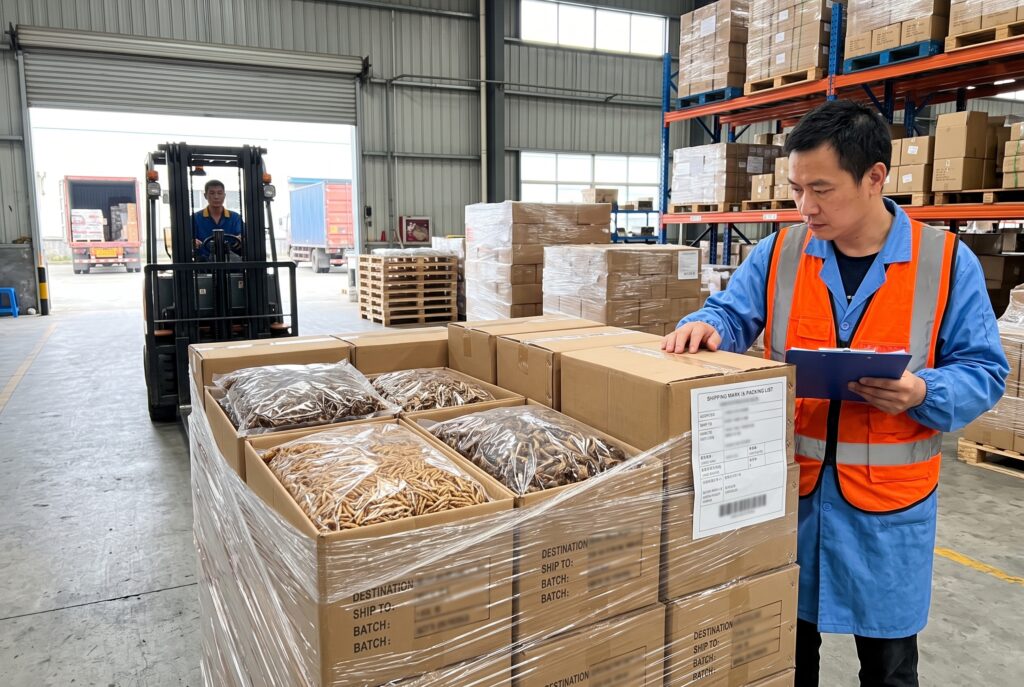 Bulk dried insect packaging and export destination planning