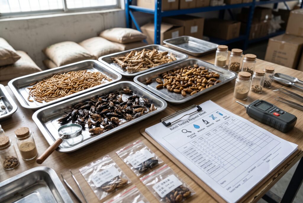 Dried insect samples arranged beside a batch testing checklist