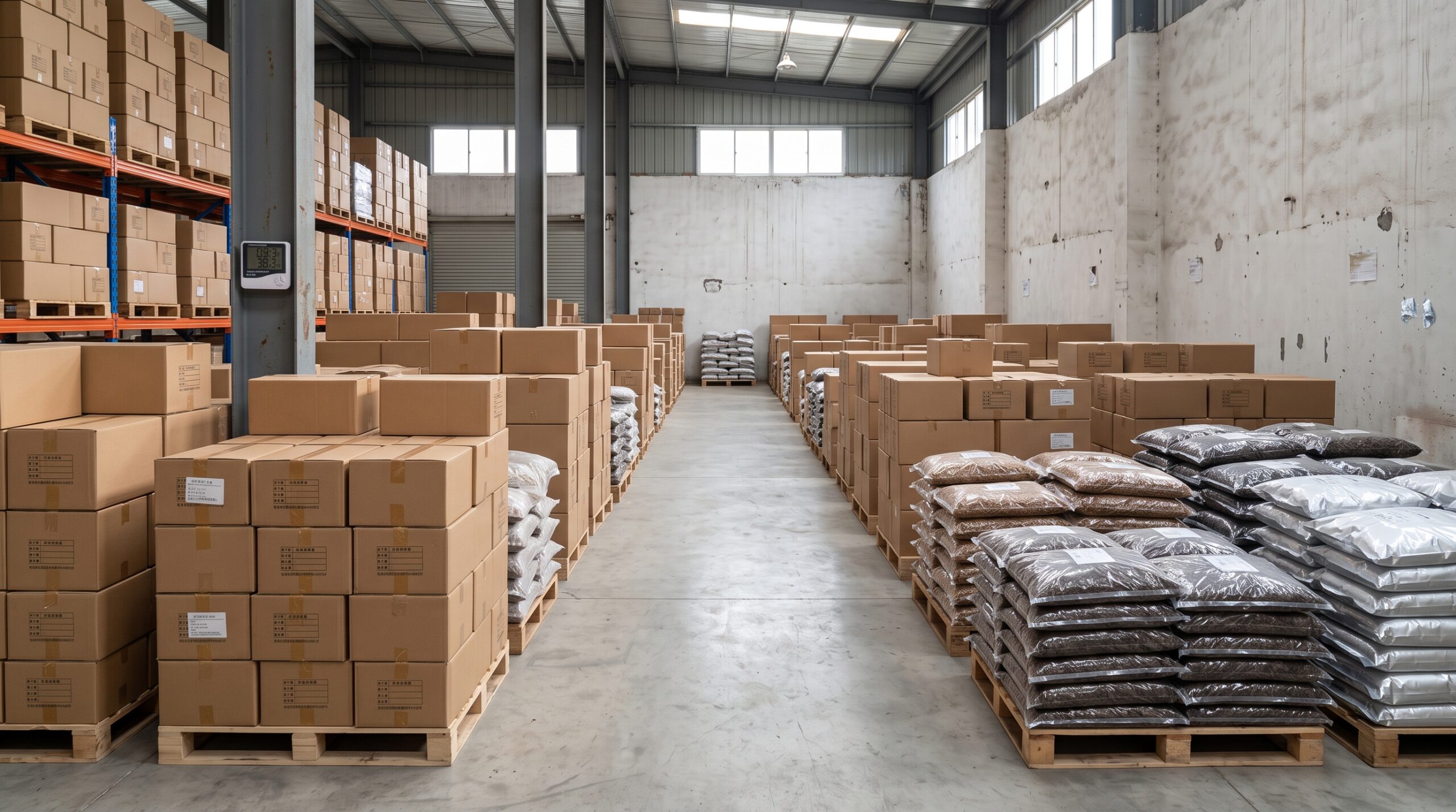 Dried insect storage on organized warehouse pallets for bulk orders