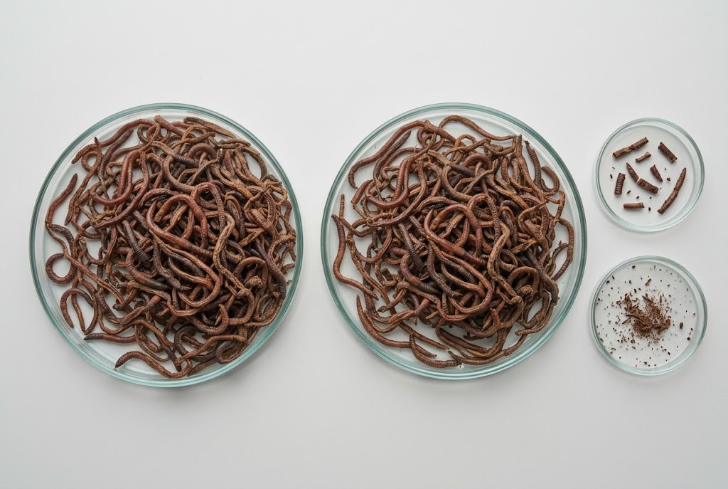 Sun dried earthworms evaluated against heat-dried samples for colour cleanliness and intactness