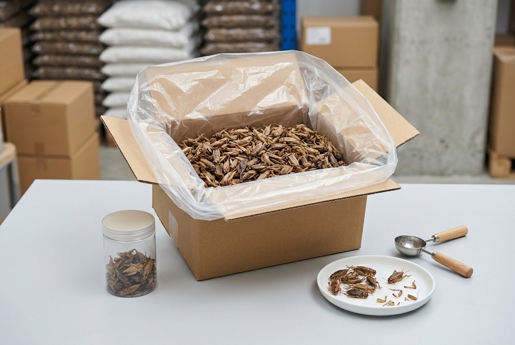 Bulk dried crickets evaluated in a representative sample with protective commercial packaging
