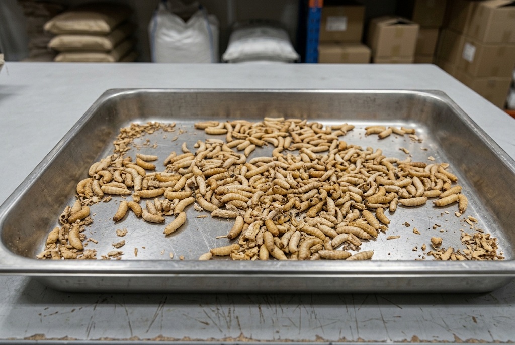 Bulk dried maggots inspected for cleanliness and foreign matter