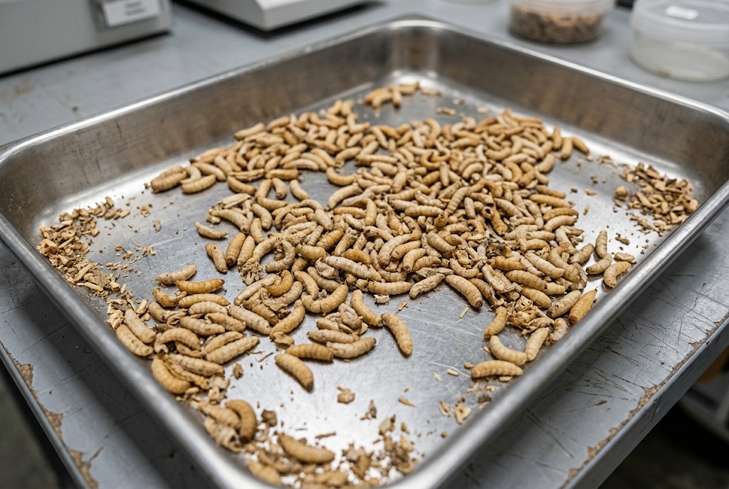 Bulk dried maggots inspected for whole-body condition and breakage