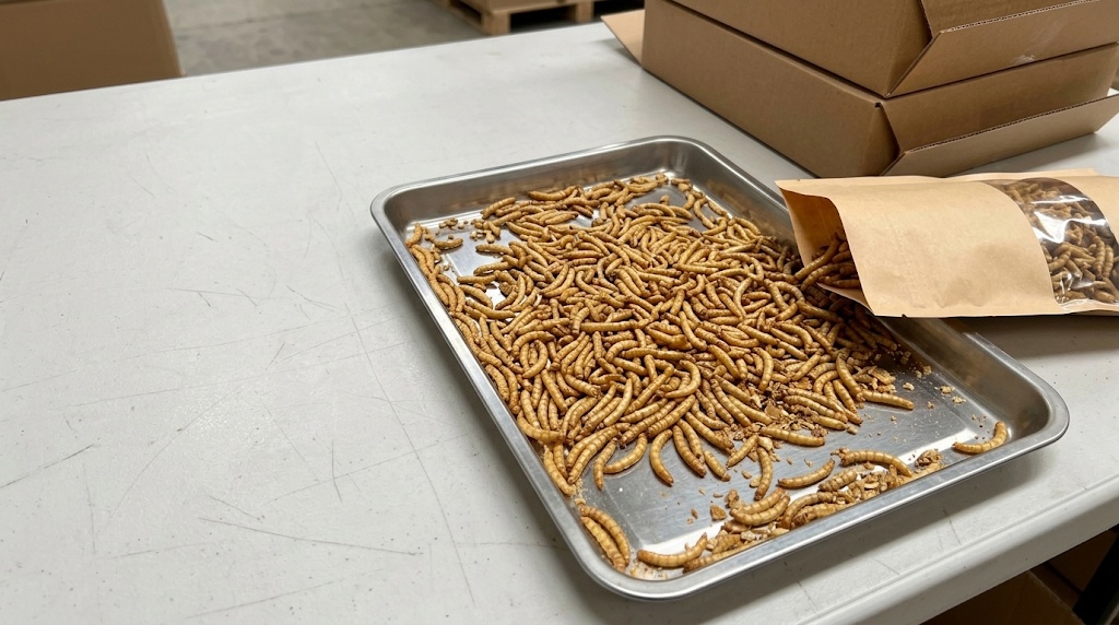 Wholesale dried mealworms displayed for commercial B2B sourcing