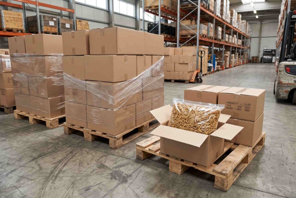 Bulk insect supply contract fulfillment planning with palletized dried insect cartons